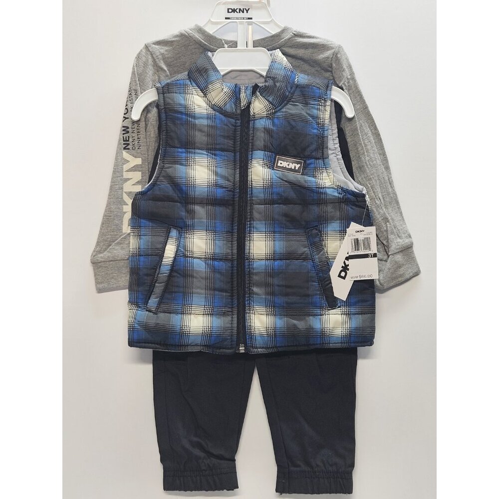 DKNY  Size 3T Set Of 3, Plaid Blue‎ Vest/ Black Pants/ Grey Long Sleeve Printed